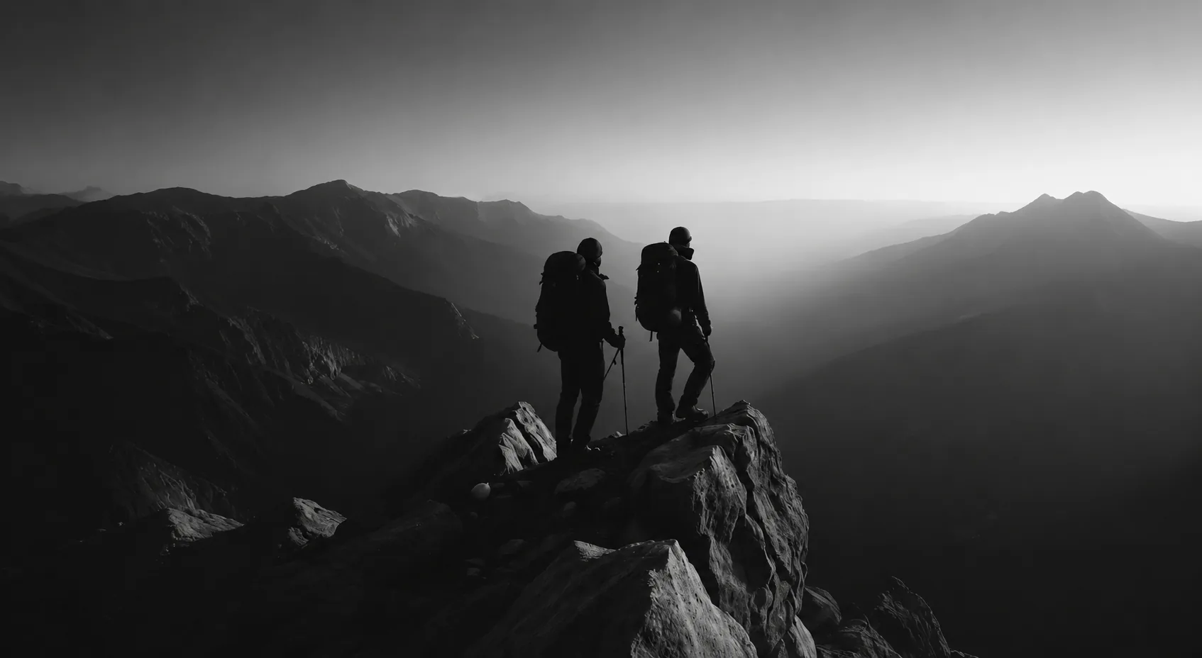 Placeholder: two hikers on a summit at dawn